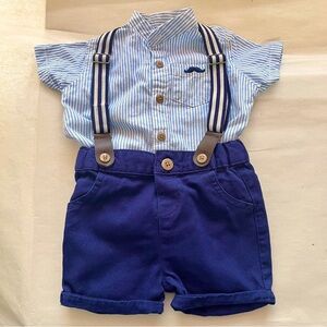 Little Gent Blue Striped Button Up Short Sleeve Bodysuit Suspenders Shorts Set